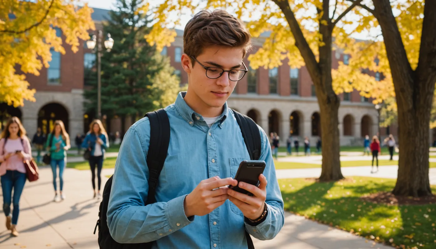 A student using a smartphone while sitting outdoors on a college campus