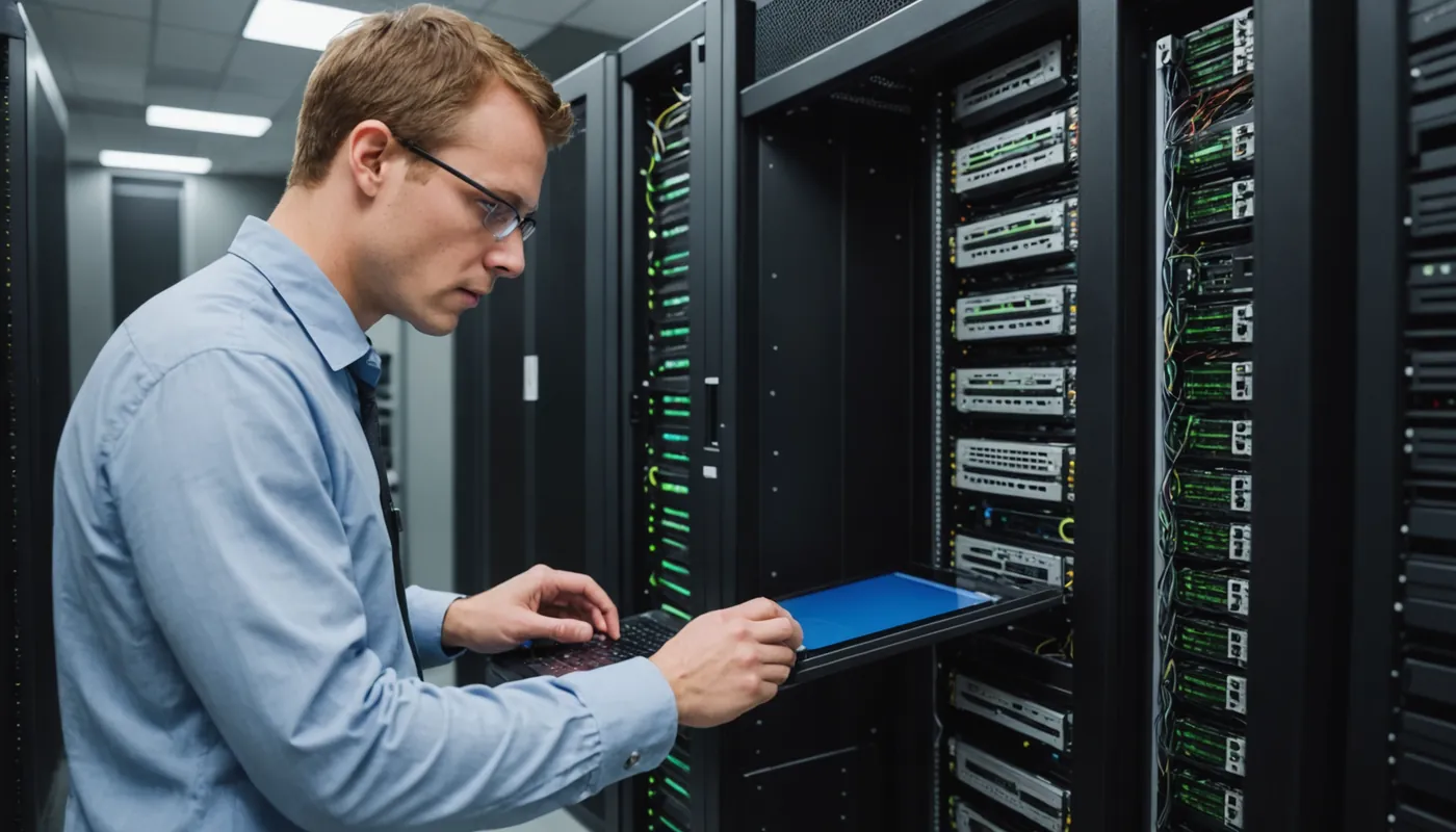An IT technician inspecting equipment inside a server room data center