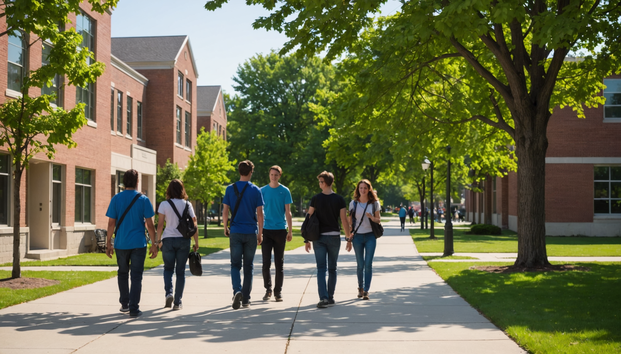 Students walking through the entrance of a community college campus on a sunny day