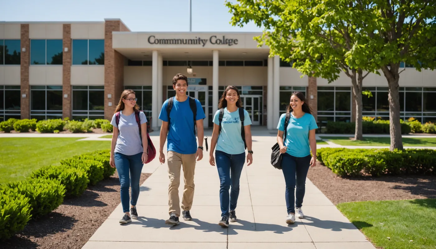 Students walking through the entrance of a community college campus on a sunny day