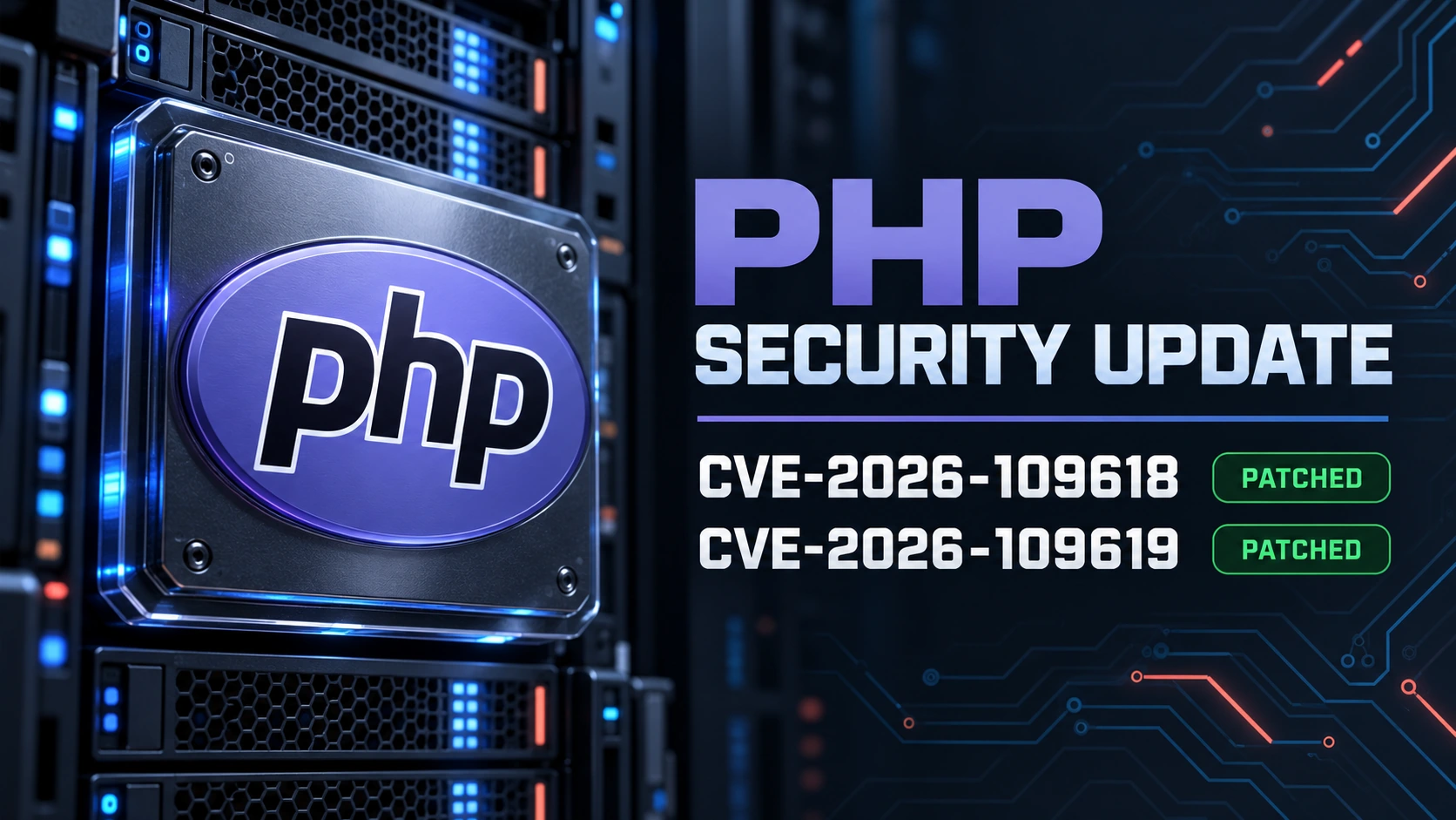 PHP security update for CVE-2026-109618 and CVE-2026-109619, marked patched.